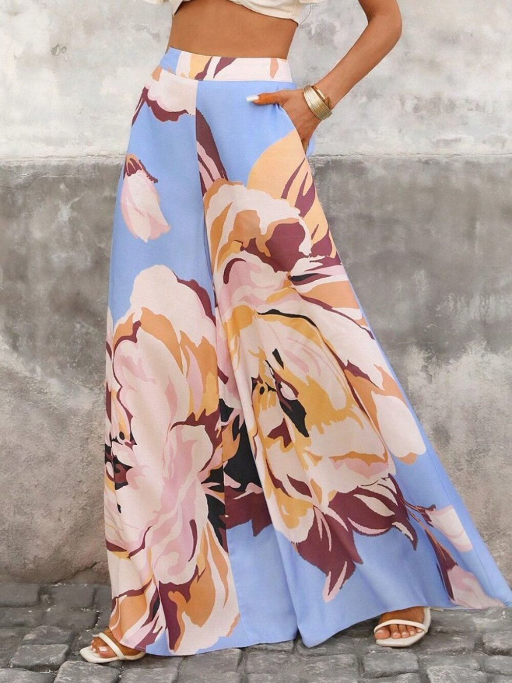 Blue Boho Women's Casual Floral Loose Wide-Leg Pants with Side Pockets - Picture 6 of 7